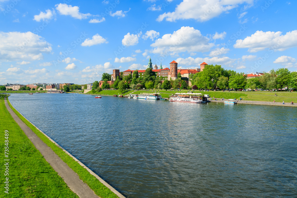 Vistula river and Wawel Castle in the background, Krakow, Poland