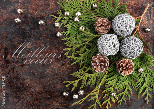 Christmas rustic concept with Season's Greetings in French