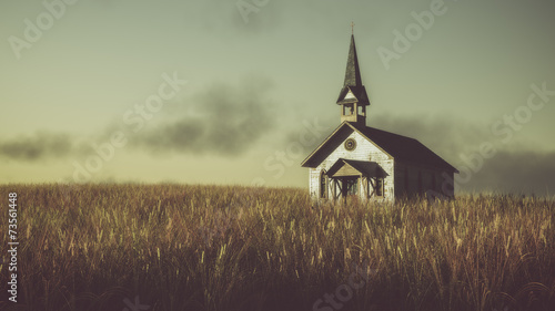 Foto Old abandoned white wooden chapel on prairie at sunset with clou