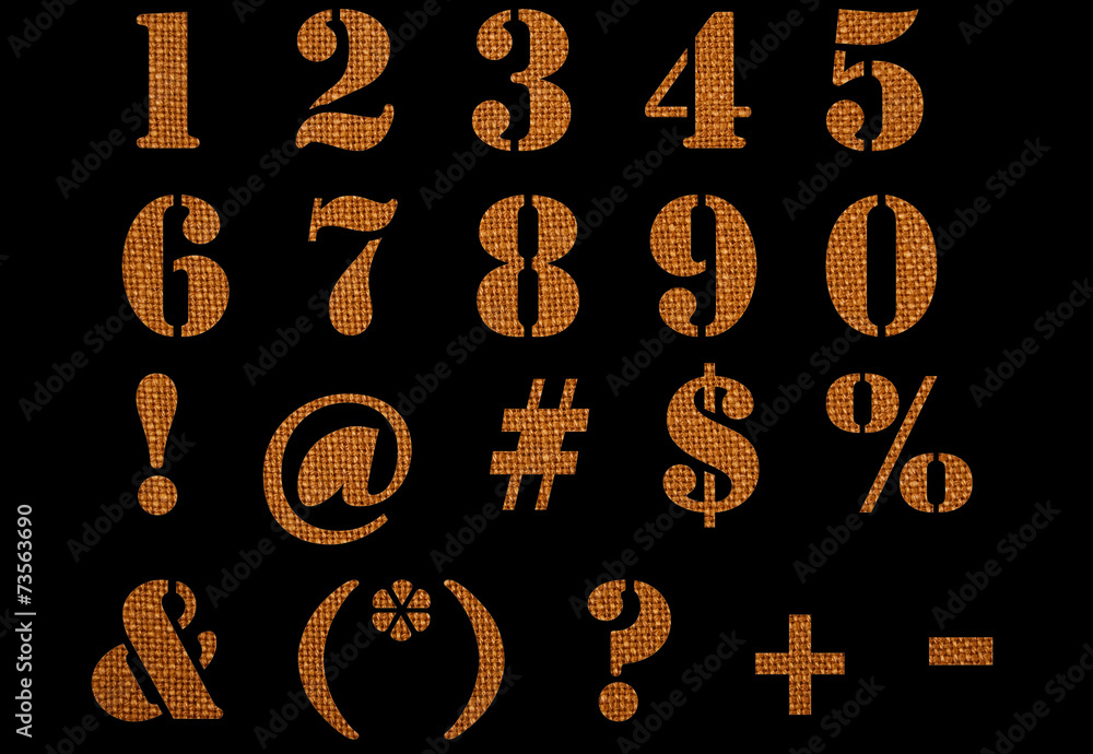 Material textured numbers, signs and symbols