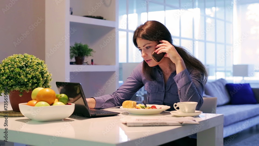 Businesswoman talking on cellphone and working on laptop at home Businesswoman talking on cellphone and working on laptop at home