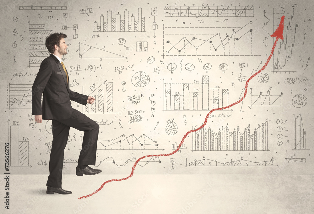 Business man climbing on red graph arrow concept Business man climbing on red graph arrow concept