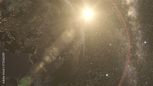 Cinematic and very realistic sunrise seen from space