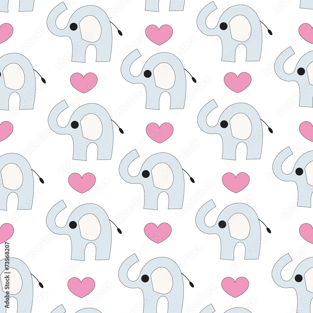 Elephant and hearts seamless vector background