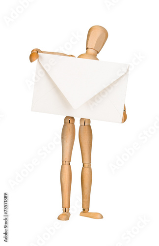 Wooden model dummy holding envelop