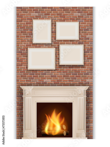 classic fireplace on brick wall background