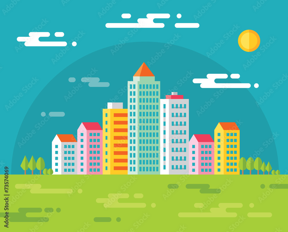Building in city illustration in flat design style. Cityscape.