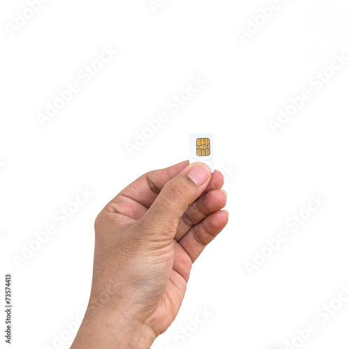 Hand holding SIm card isolated on white background