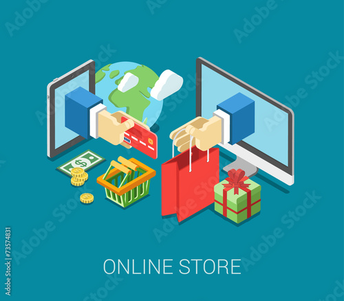 Flat 3d isometric online store e-commerce web infographic