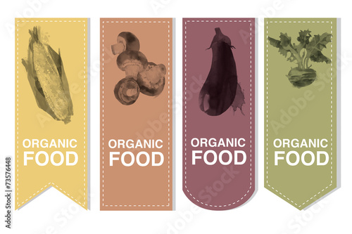 Canvas-taulu Label set of korn, mushrooms, eggplant, kohlrabi