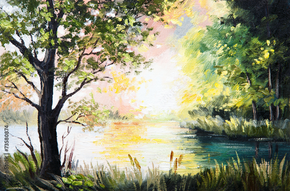 Fototapeta premium Oil painting landscape - lake in the forest