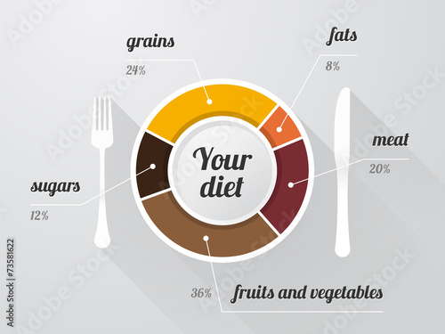 plate with a graph of the composition of a balanced diet and lon