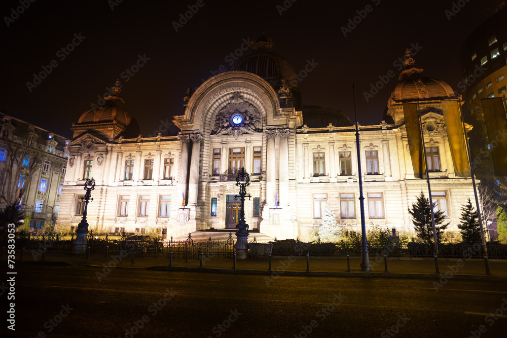 Palatul CEC at night in Bucharest, Romania