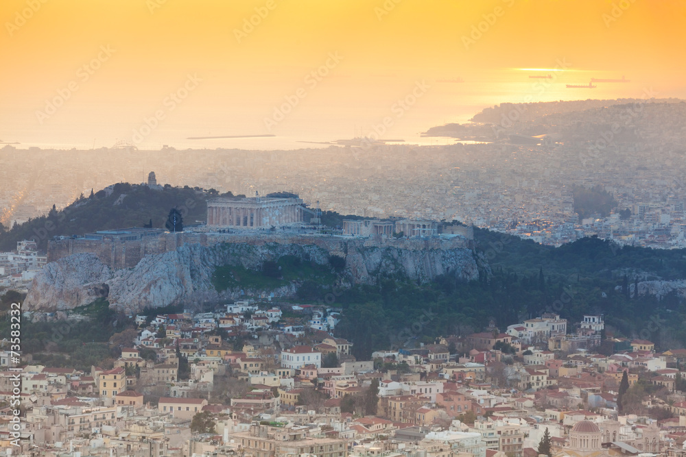 Panorama during sunset in  Athens, Greece