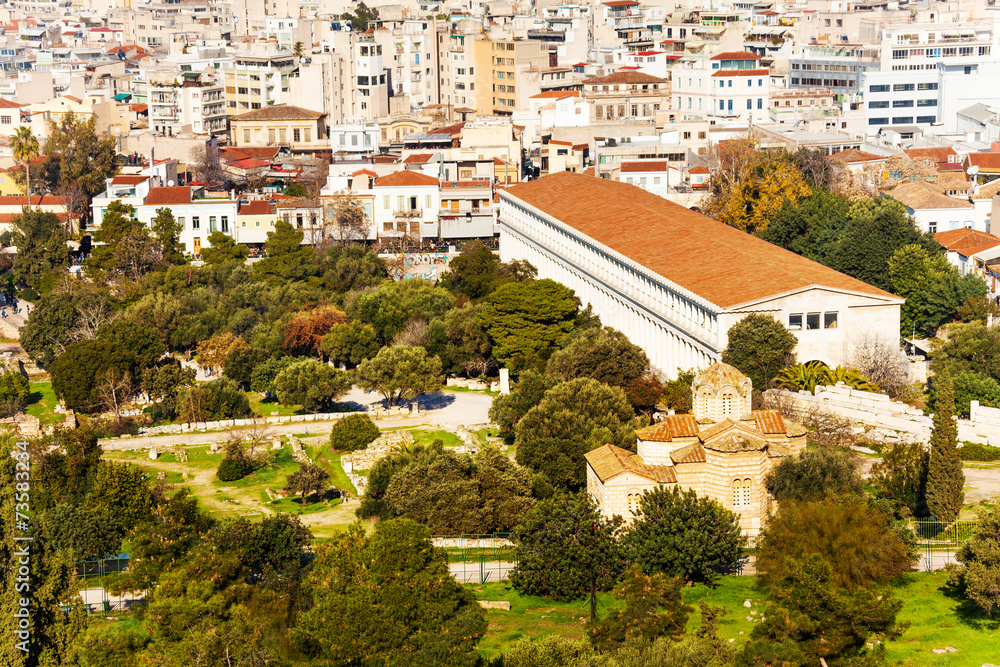 Stoa of Attalos with cityscape in Athens, Greece