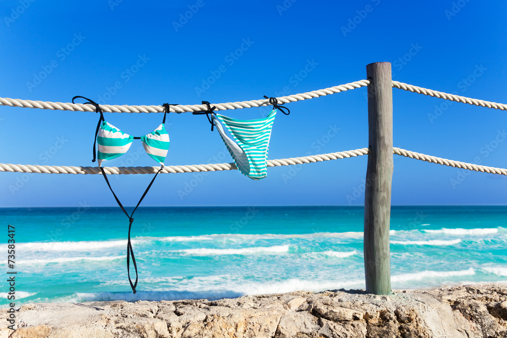 Obraz premium Blue woman's swimming suit hanging on white ropes