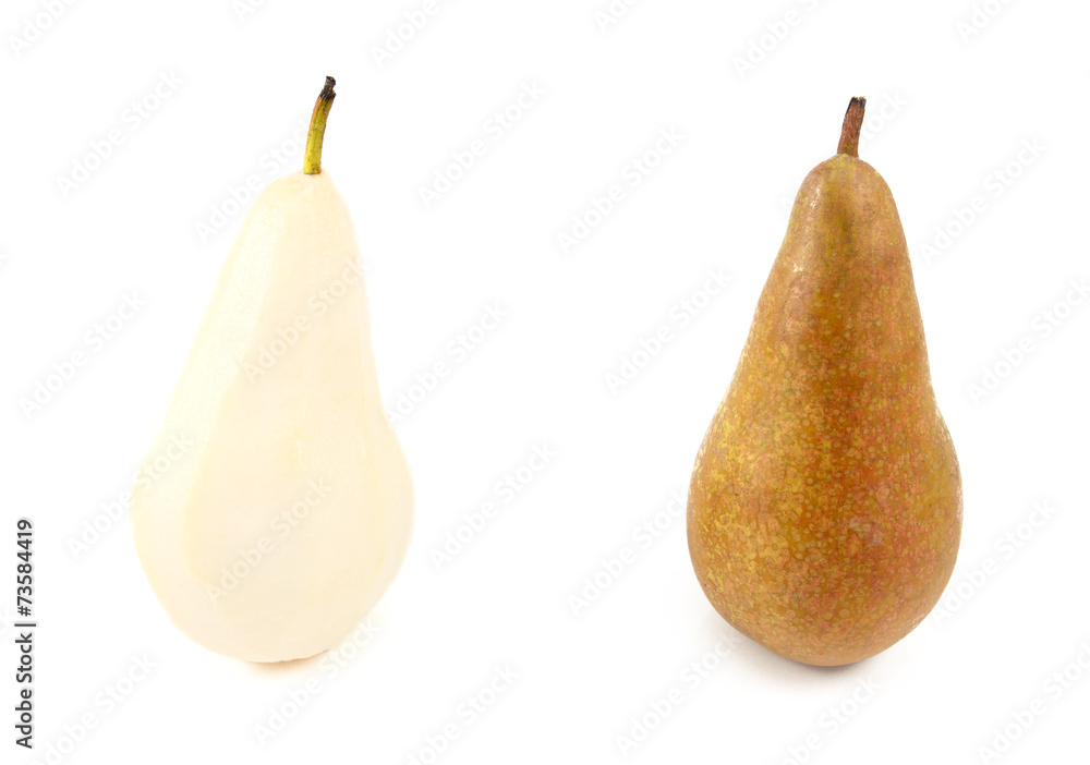 Two Conference pears - peeled and with skin Two Conference pears - peeled and with skin