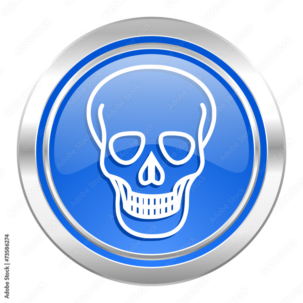 skull icon, blue button, death sign