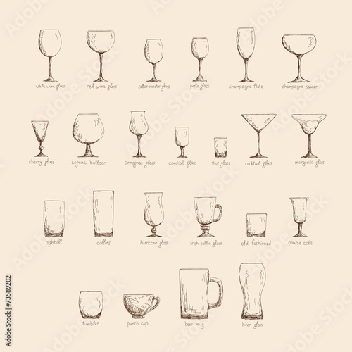 Different glass glasses in sketch style, vintage color edition