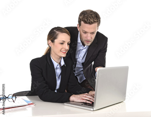 young office work colleagues at computer laptop relaxed
