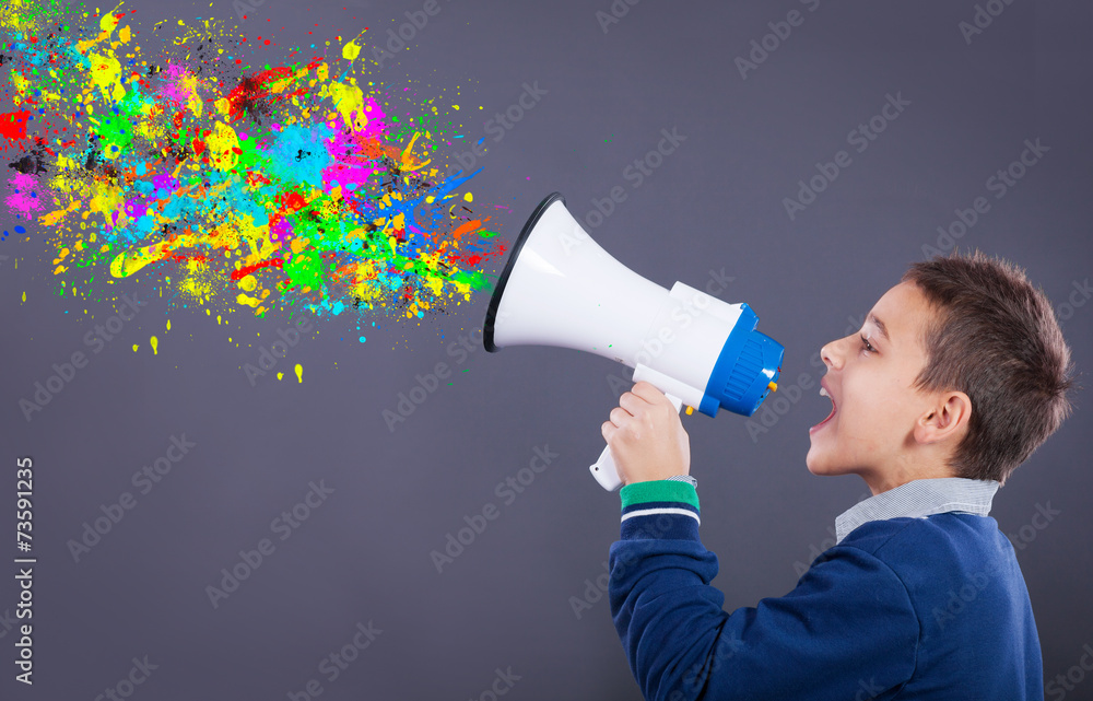 child yells into a megaphone,splattered colors exiting from him