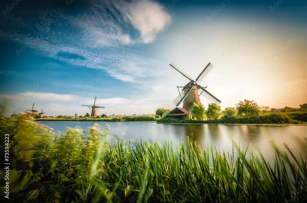 Historians Dutch windmills near Rotterdam - obrazy, fototapety, plakaty 