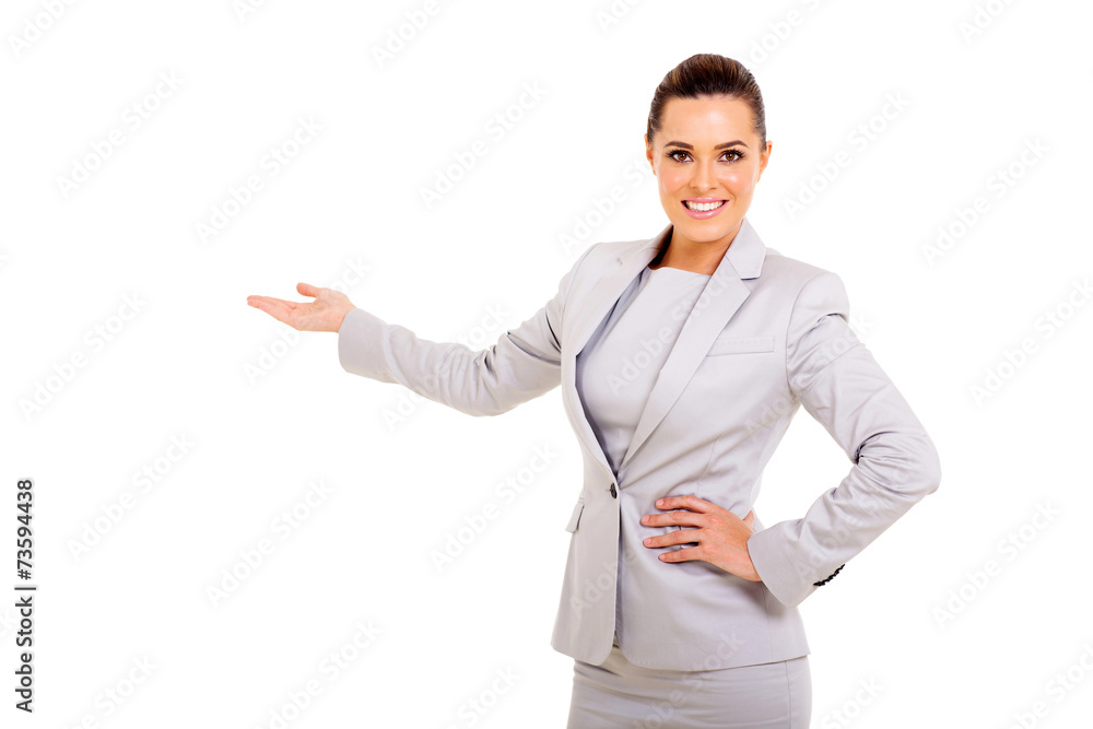 young businesswoman presenting empty space young businesswoman presenting empty space