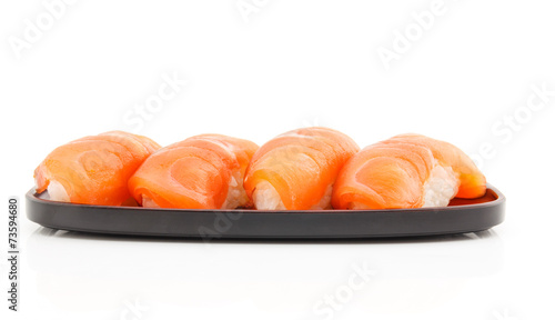 Side view salmon sushi on white background