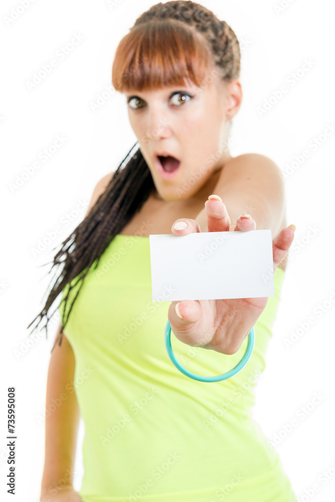surprised and shocked woman showing empty blank paper card sign surprised and shocked woman showing empty blank paper card sign