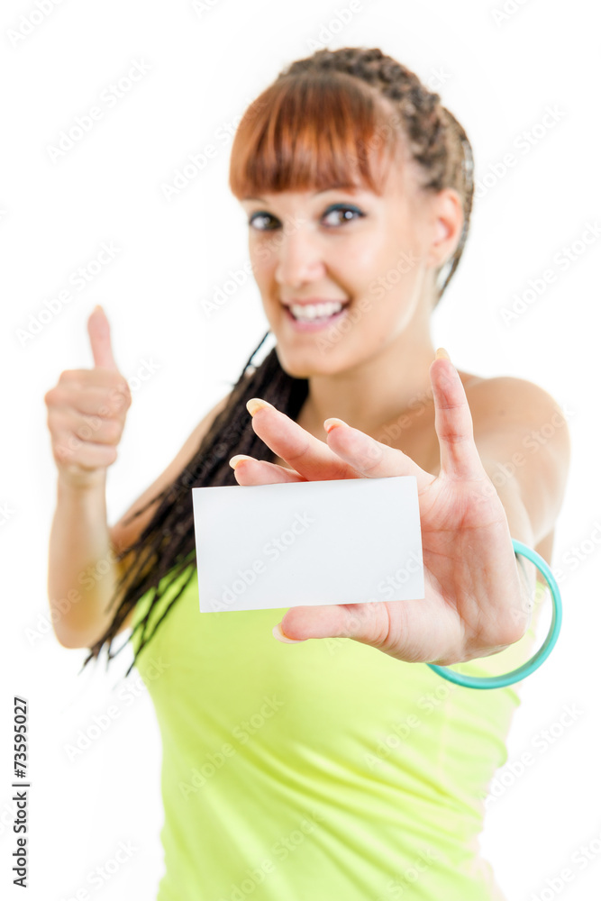 teenager girl showing empty blank paper card sign with copy spac teenager girl showing empty blank paper card sign with copy spac