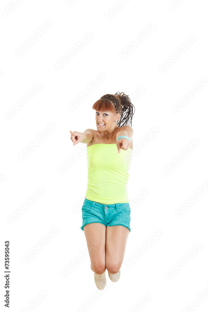 woman happy for her pure success in green blank t-shirt and jean woman happy for her pure success in green blank t-shirt and jean