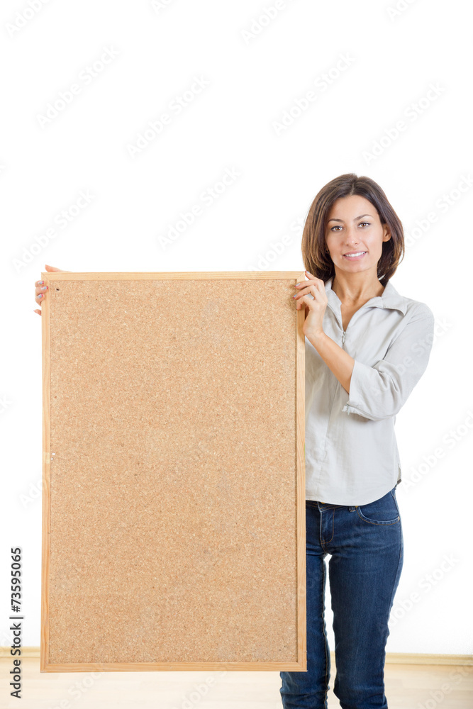woman holding a wooden board cork isolated on white background woman holding a wooden board cork isolated on white background
