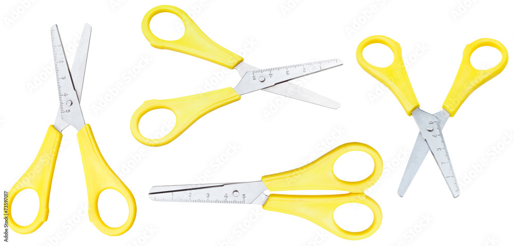 set of open school scissors with yellow handles