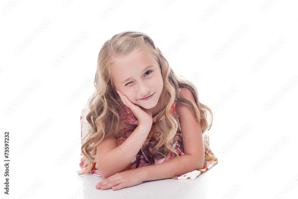 Portrait of adorable blonde girl winks at camera Portrait of adorable blonde girl winks at camera