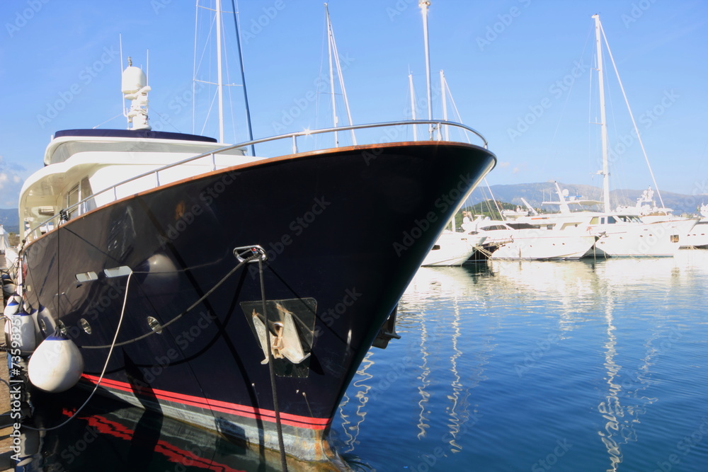 Naklejka premium blue Super Yacht Bow in marina 