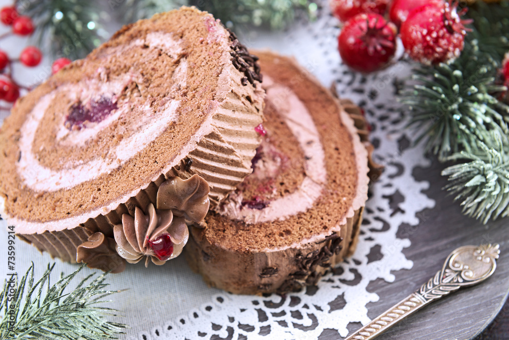 Chocolate cake with berry jam, Christmas still life Chocolate cake with berry jam, Christmas still life