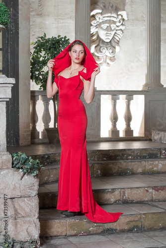Beautiful girl in a red dress in an old castle