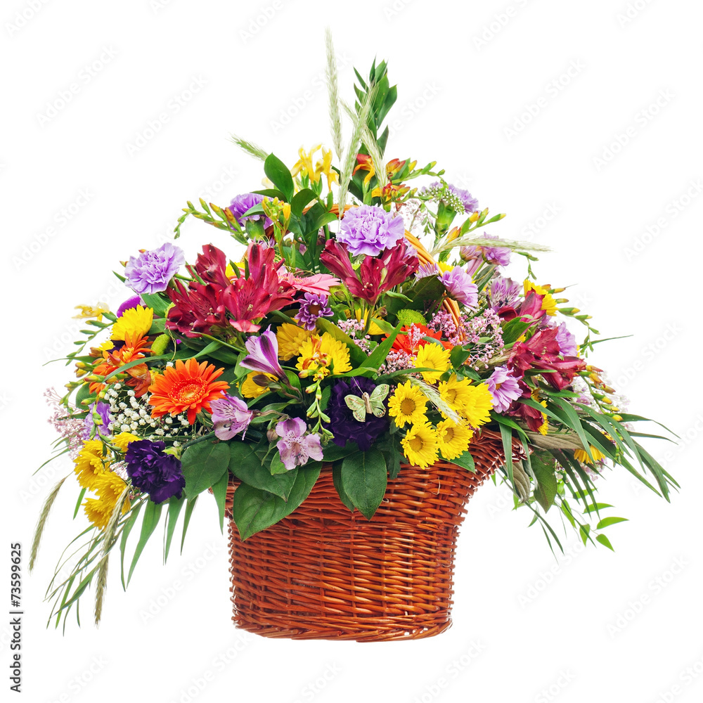 Flower Bouquet Arrangement Centerpiece in Basket Isolated on Whi Flower Bouquet Arrangement Centerpiece in Basket Isolated on Whi