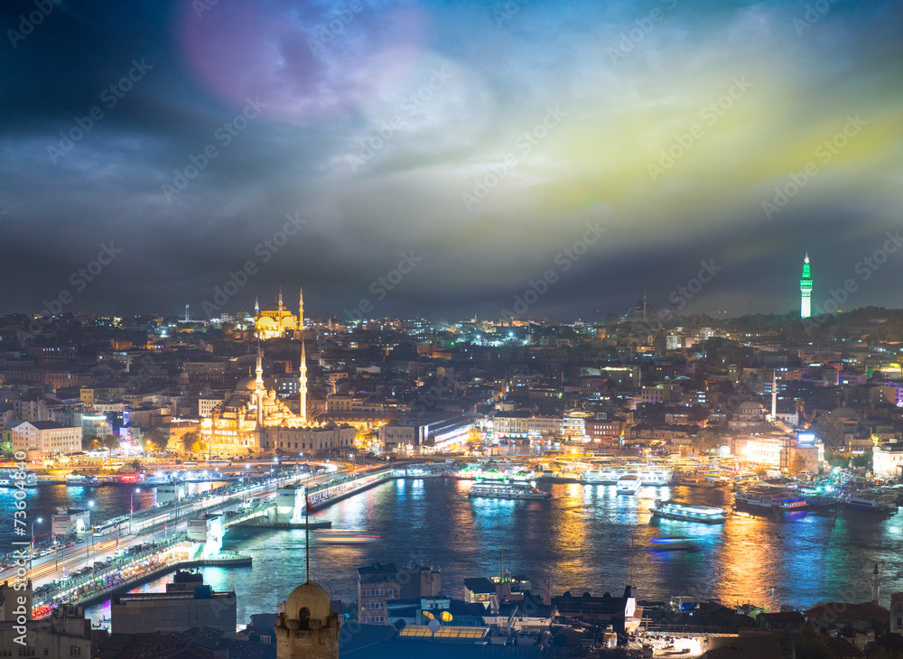 Istanbul, Turkey. Gorgeous view of city skyline at dusk with Gal