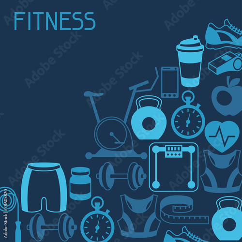 Sports background with fitness icons in flat style.