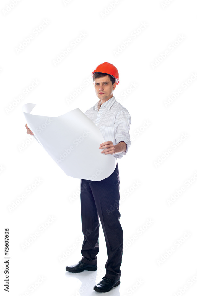 man in a shirt orange construction helmet with blueprints man in a shirt orange construction helmet with blueprints
