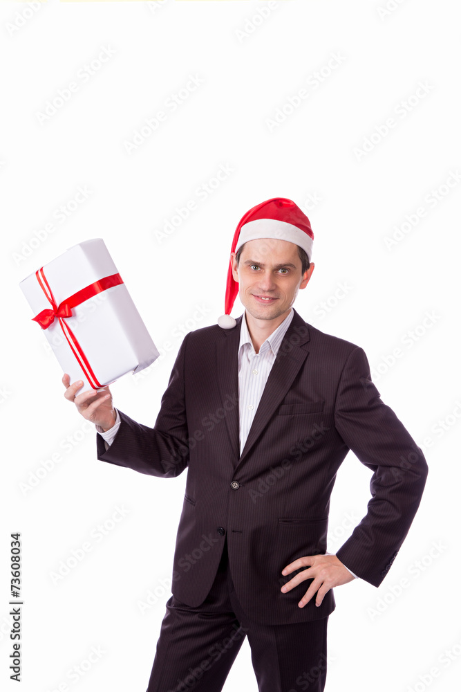 man suit and hat with Christmas gift in hand on white backgro man suit and hat with Christmas gift in hand on white backgro