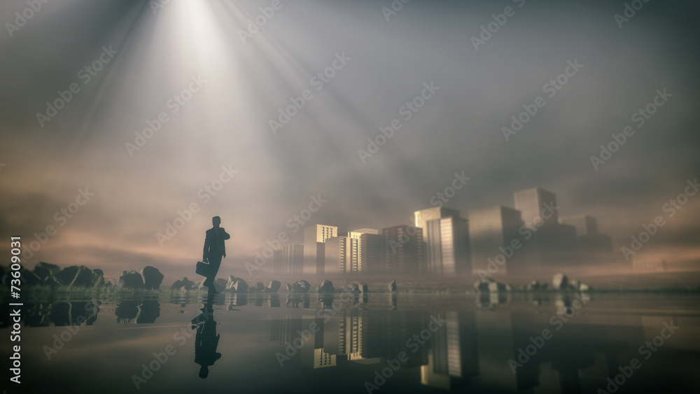 Lost business man standing at lake with skyline in the mist. Low
