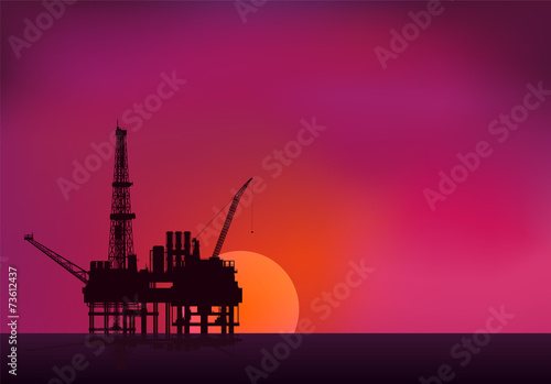 Illustration of oil platform on sea and sunset in background. Ve
