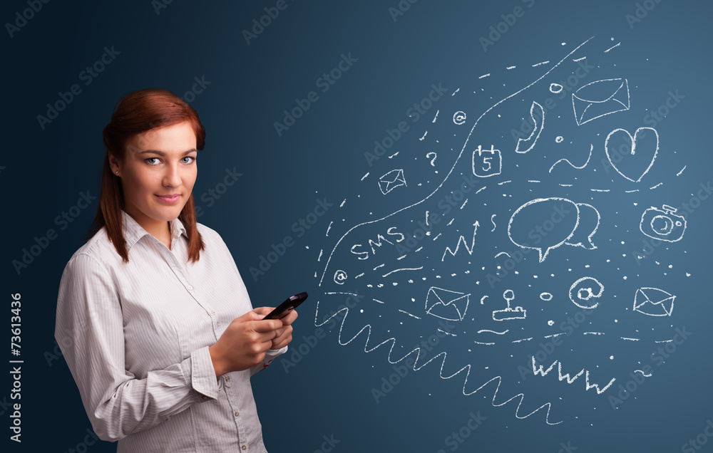 Girl typing on smartphone with various modern technology icons Girl typing on smartphone with various modern technology icons