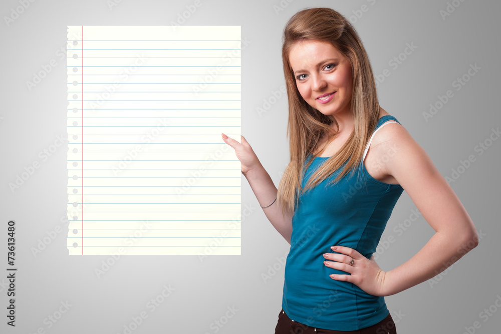 Young woman holding white paper copy space with diagonal lines Young woman holding white paper copy space with diagonal lines