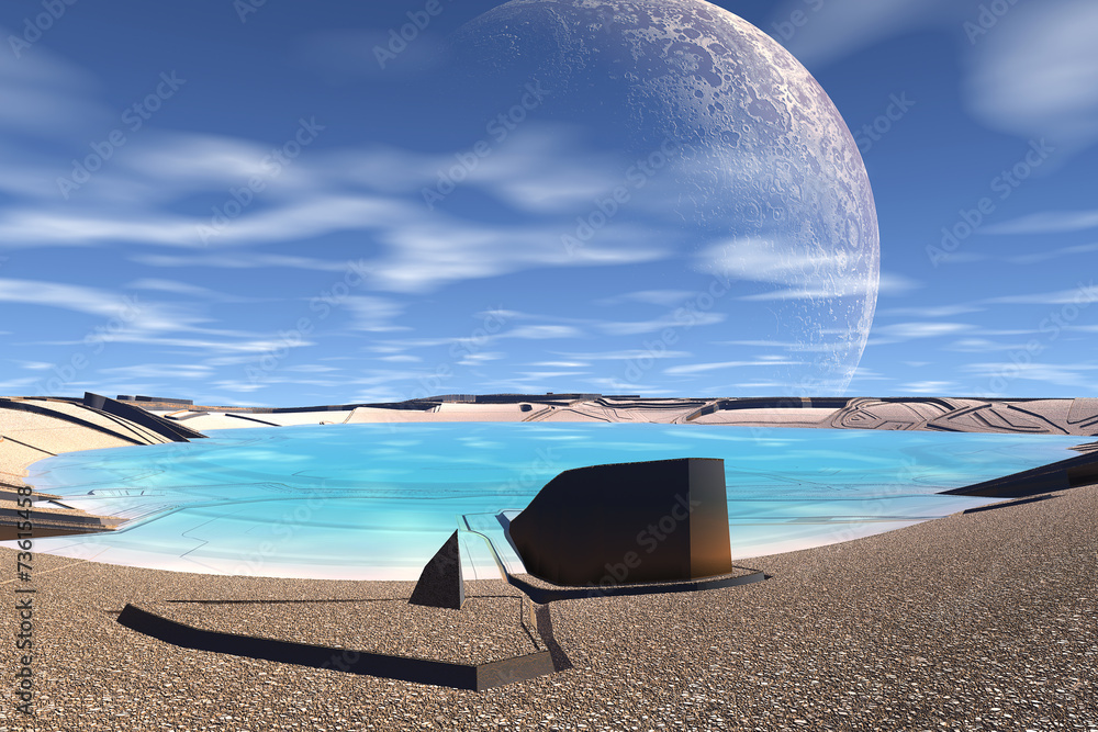 3D rendered fantasy alien planet. Rocks and moon
