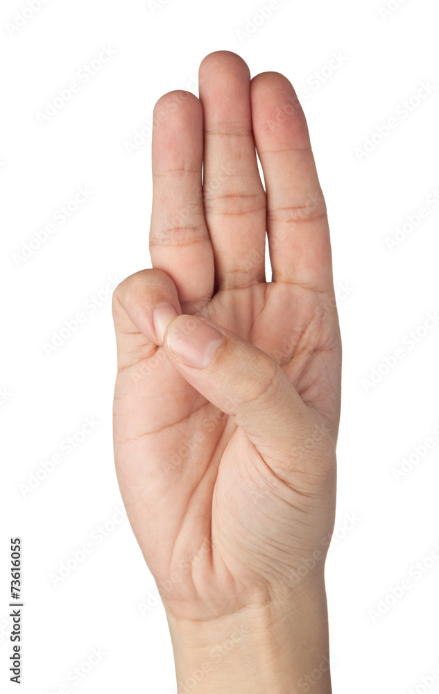 Hand gesturing a three finger salute isolated on white Hand gesturing a three finger salute isolated on white