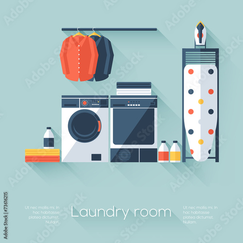 Laundry room with washing machine and dryer. Flat style