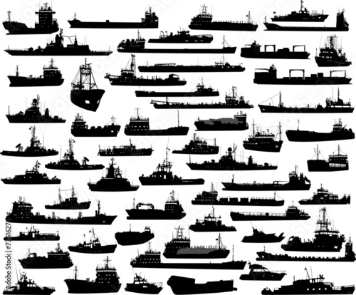 Vector set of 56 silhouettes of sea towboat and the ships
